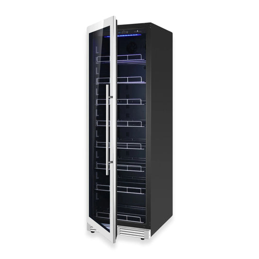 Stainless steel left-hinge beverage refrigerator with Low-E glass door on white background