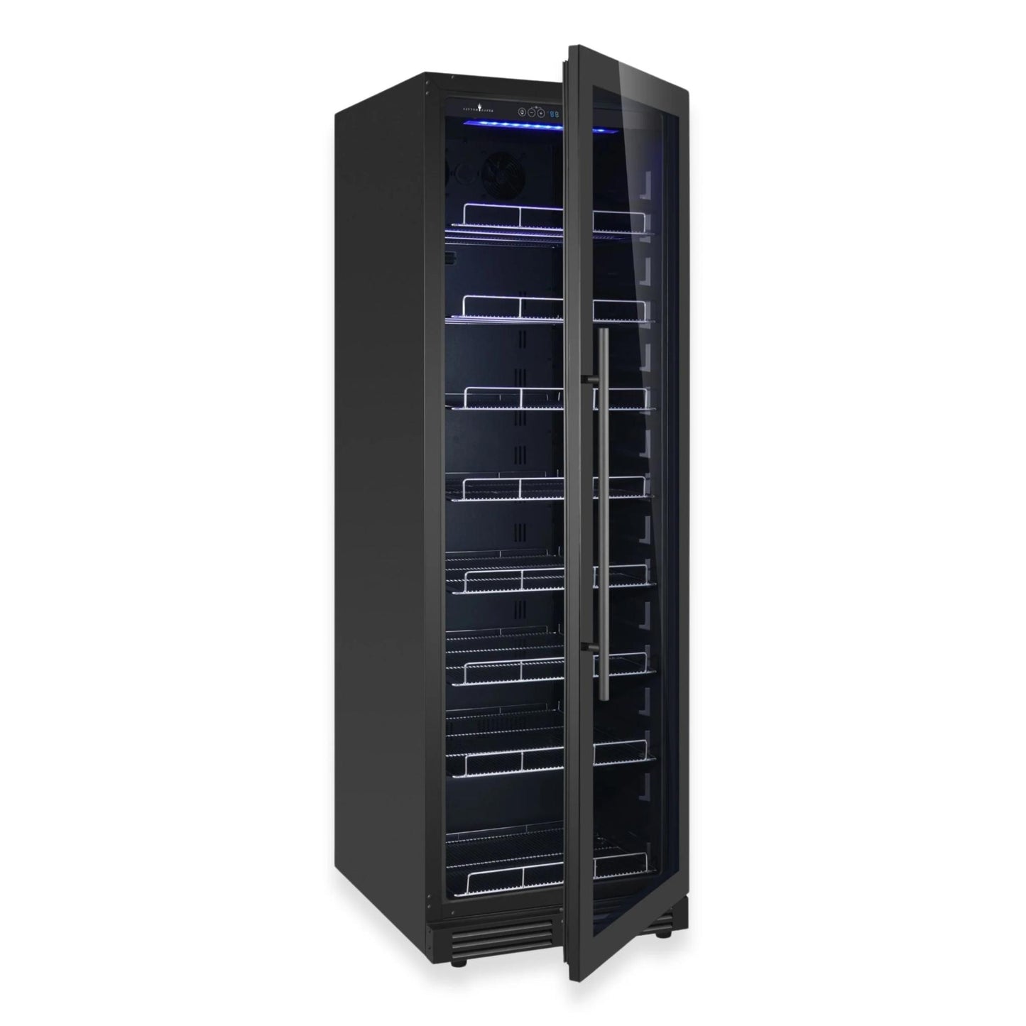 Interior view of beverage refrigerator with adjustable chrome shelves