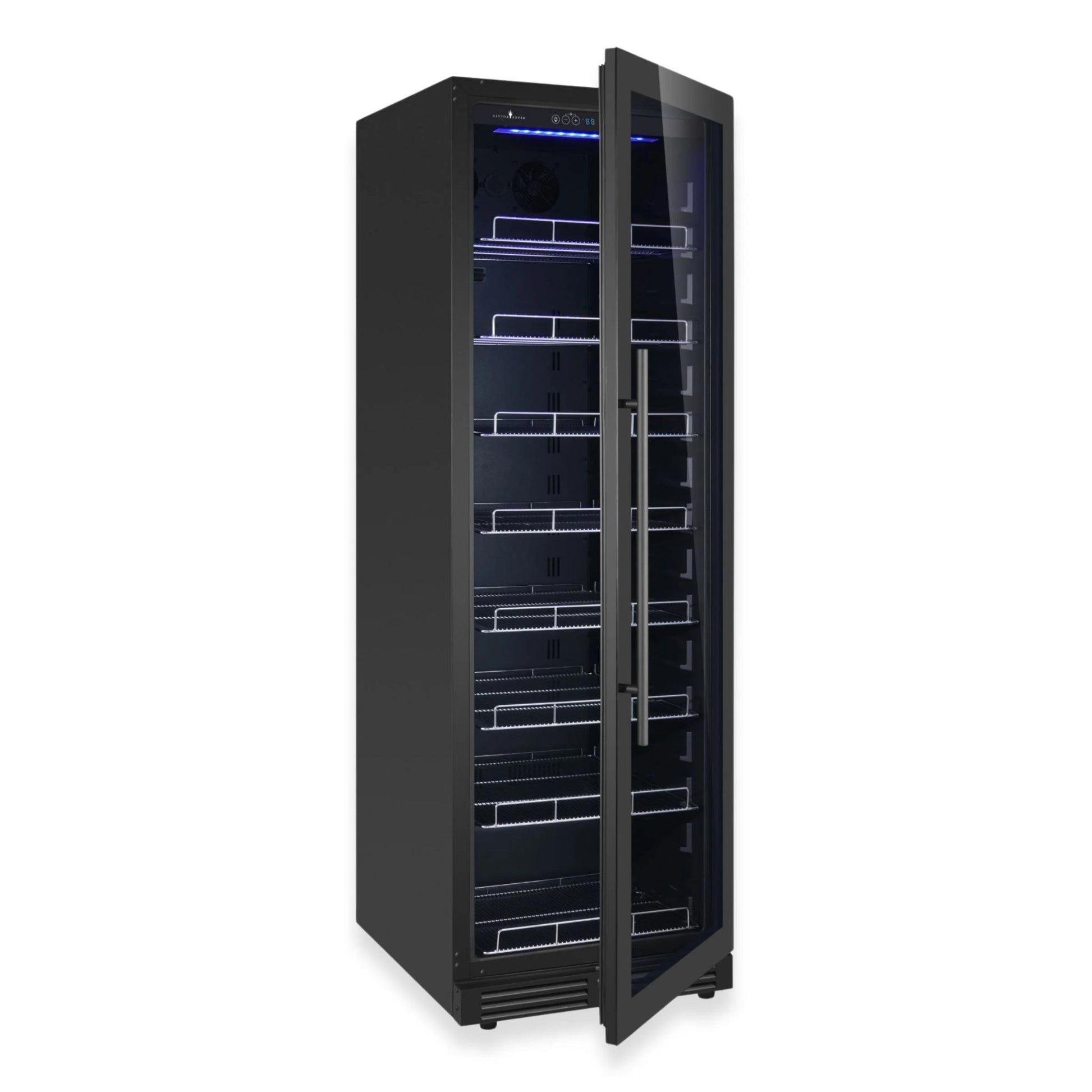 Interior view of beverage refrigerator with adjustable chrome shelves