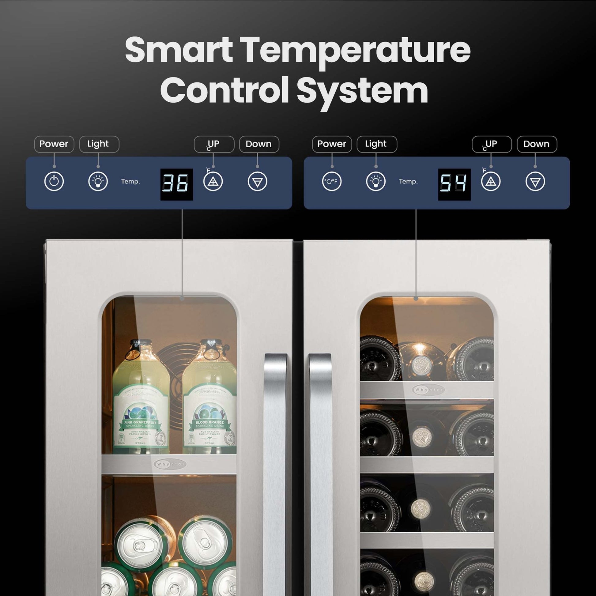 Dual temperature controls displaying separate settings on the Whynter BSR-6020FDS