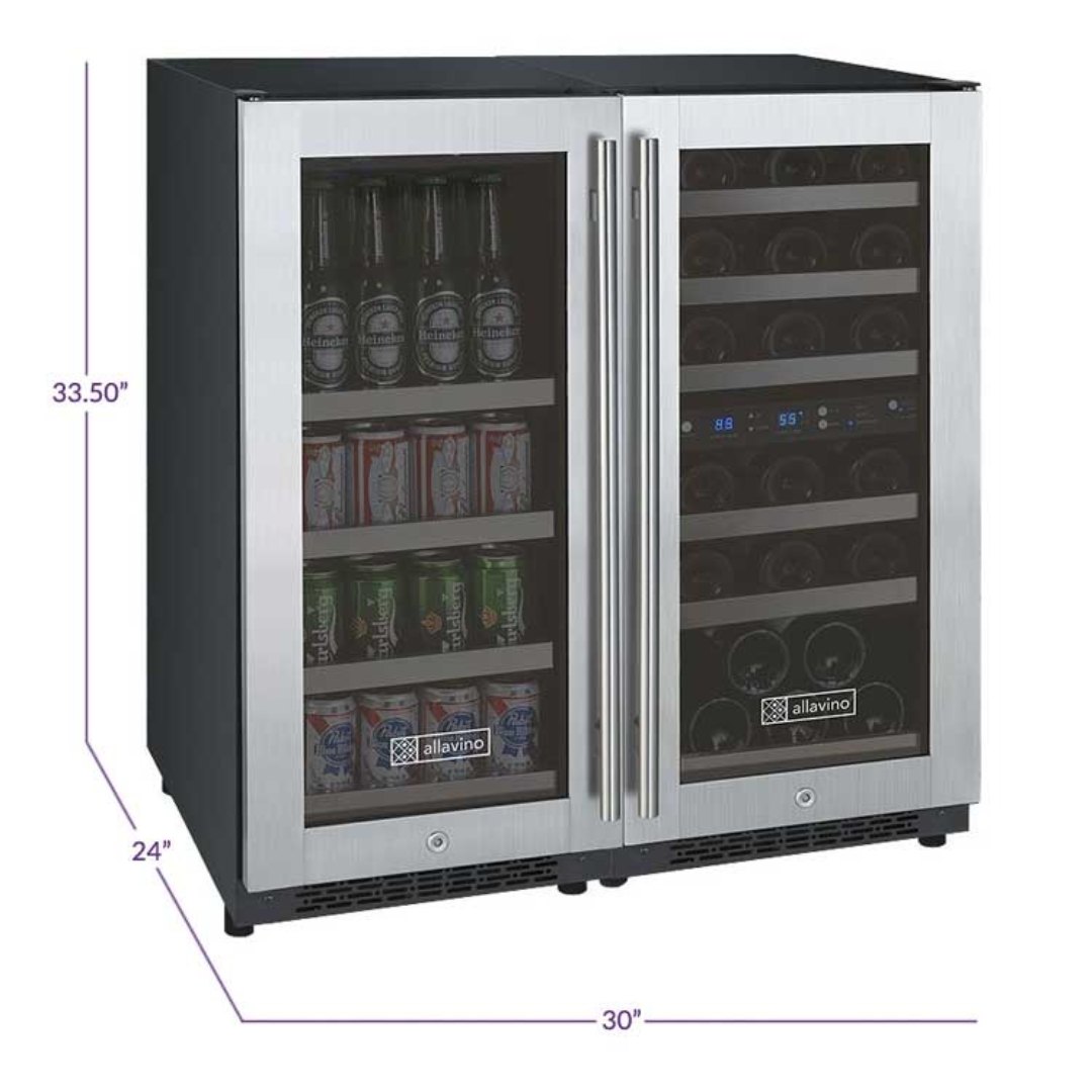 Allavino wine and beverage cooler with dimensions displayed
