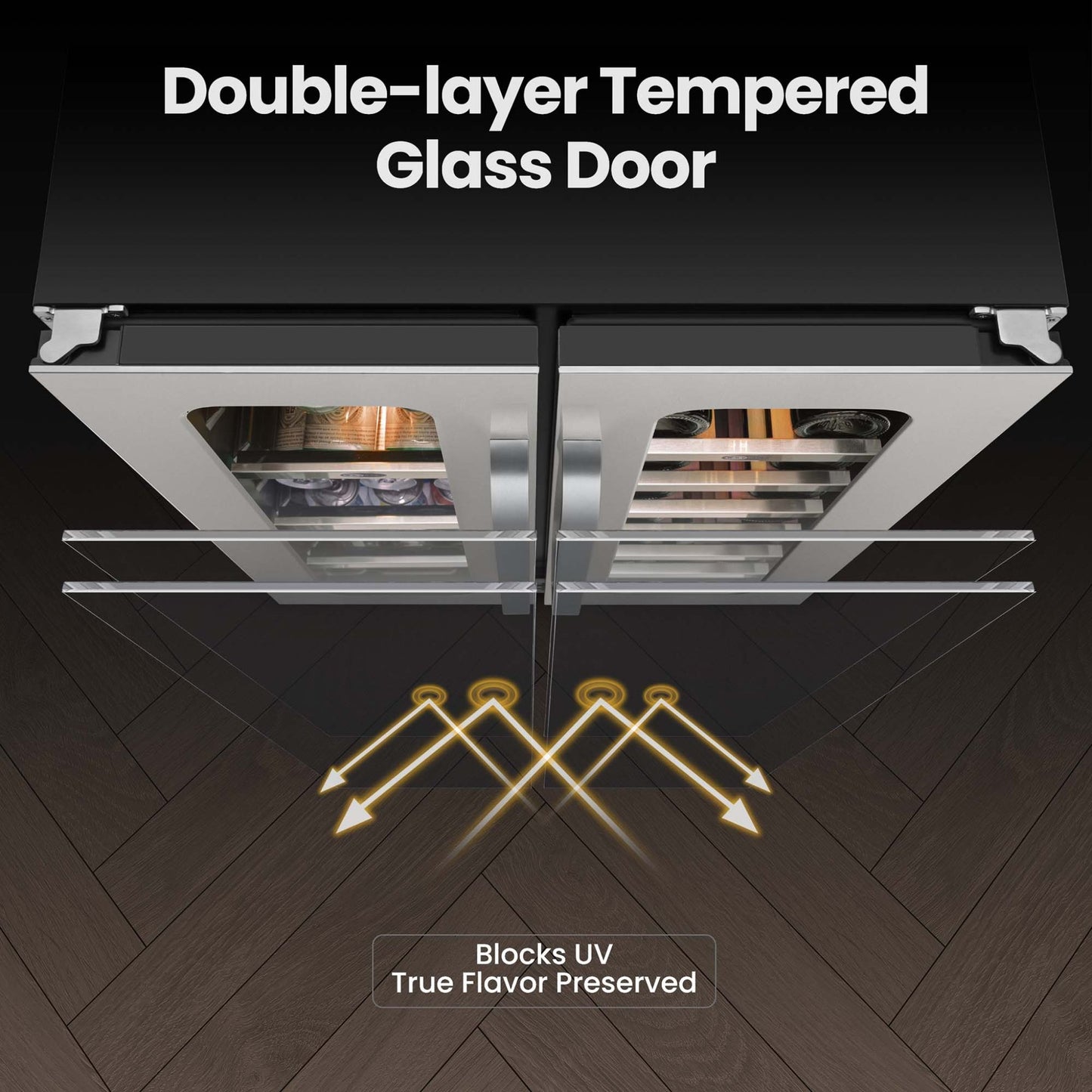 Diagram of the Whynter wine and beverage center’s double-layer tempered glass doors
