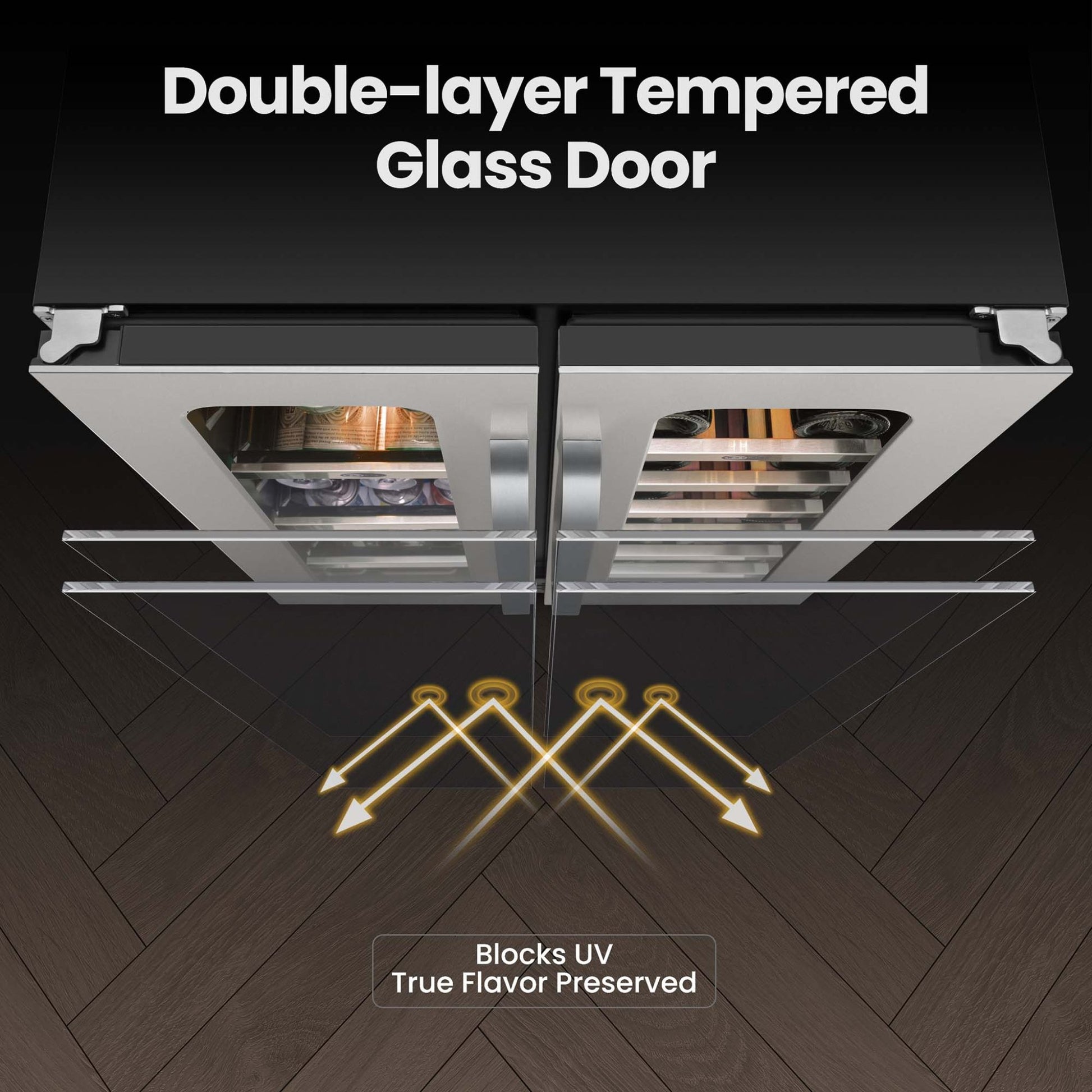 Diagram of the Whynter wine and beverage center’s double-layer tempered glass doors