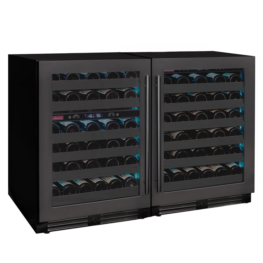 Black undercounter triple zone wine fridge on white backgroun
