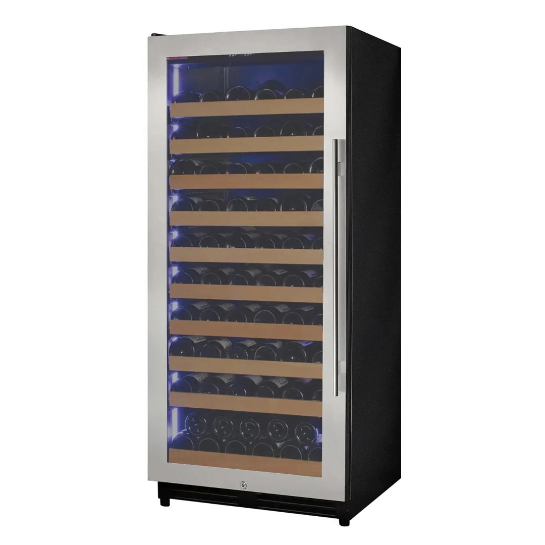 Wine cooler with glass door displaying wine bottles on a white background