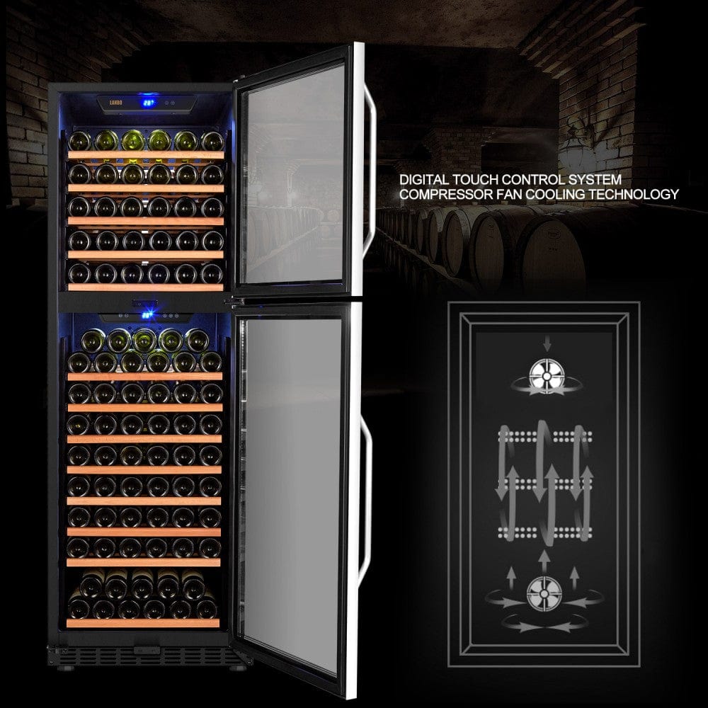 he energy-efficient Lanbo wine cooler with a front exhaust, suitable for built-in or freestanding installation