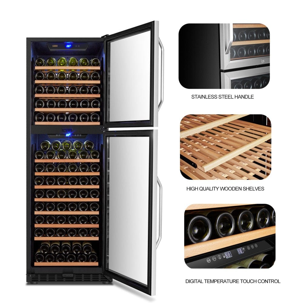 Beech wooden shelves in the Lanbo 162 bottle wine cooler for organized and optimal storage