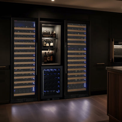 Stylish home bar featuring the Reserva 67-bottle wine refrigerator with dual zones and LED lighting