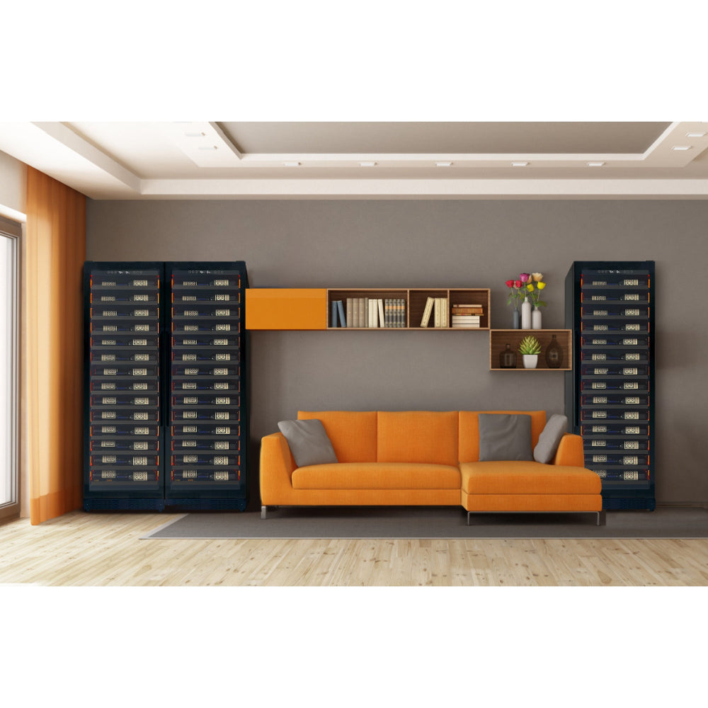Sophisticated living room with a Reserva wine cooler holding 67 bottles, complementing the contemporary décor