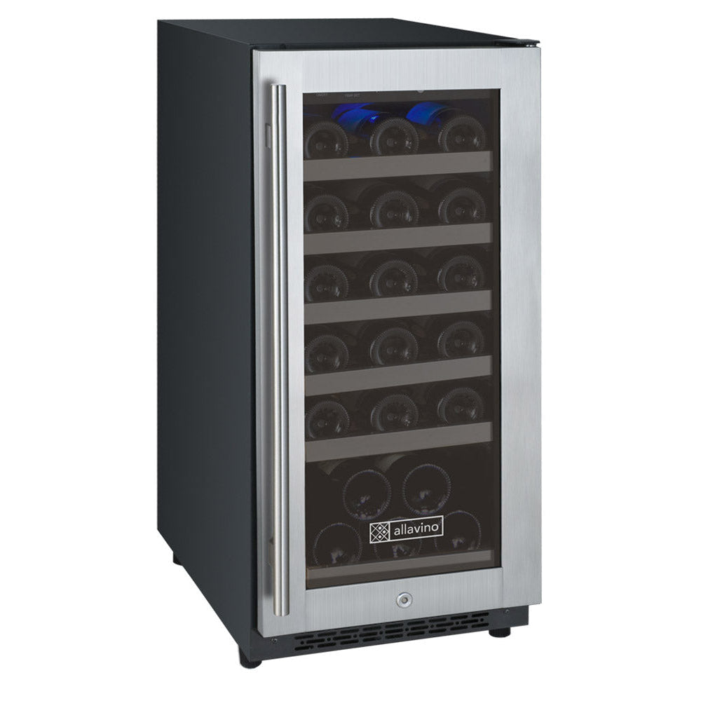 Single zone Allavino wine fridge with FlexCount shelving and left-hinge stainless steel door