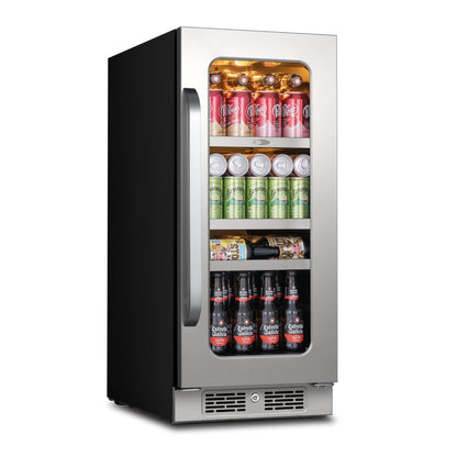 Angled view of the Whynter BSR-080SB stainless steel beverage refrigerator with a glass door