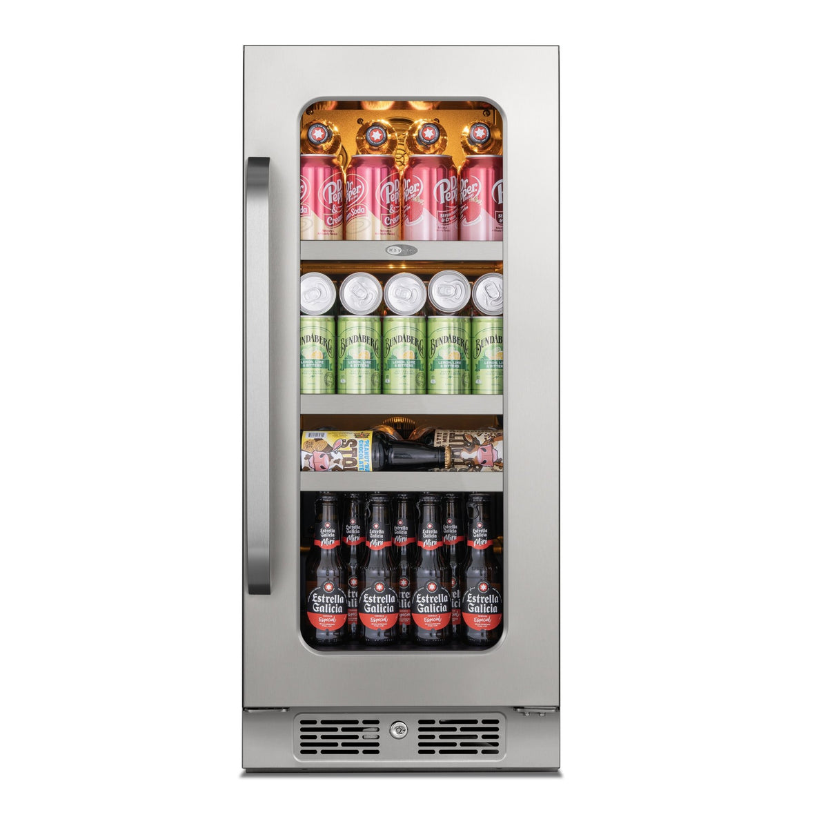 Front view of the Whynter BSR-080SB stainless steel beverage refrigerator filled with cans and bottles