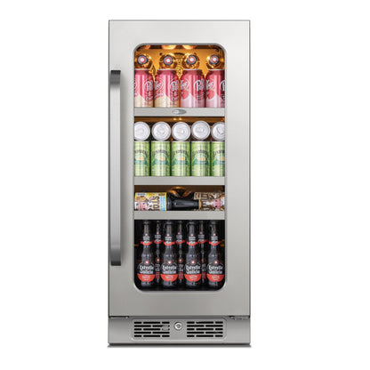 Front view of the Whynter BSR-080SB stainless steel beverage refrigerator filled with cans and bottles