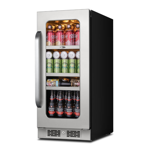 Whynter BSR-080SB stainless steel beverage refrigerator filled with assorted cans and bottles