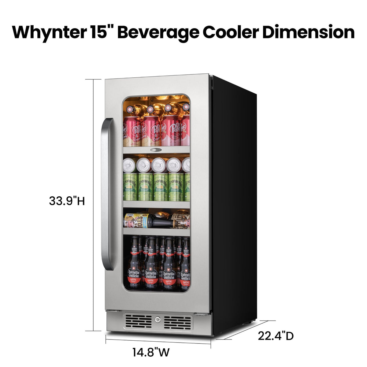 Whynter BSR-080SB dimension diagram showing 14.8-inch width, 22.4-inch depth, and 33.9-inch height