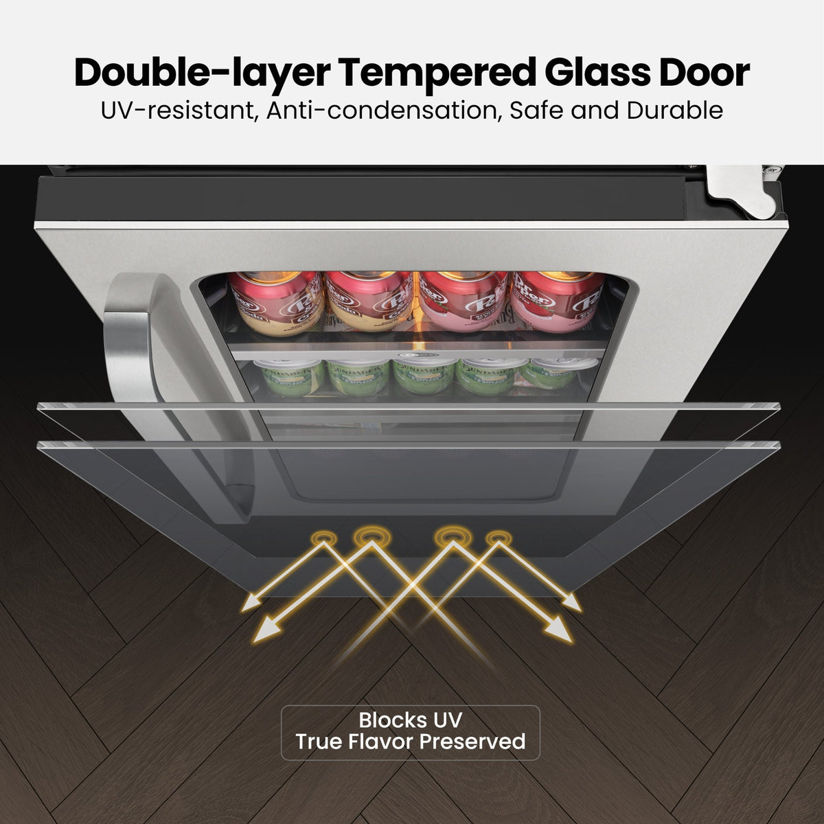Illustration of the double-pane tempered-glass door on the Whynter BSR-080SB beverage refrigerator