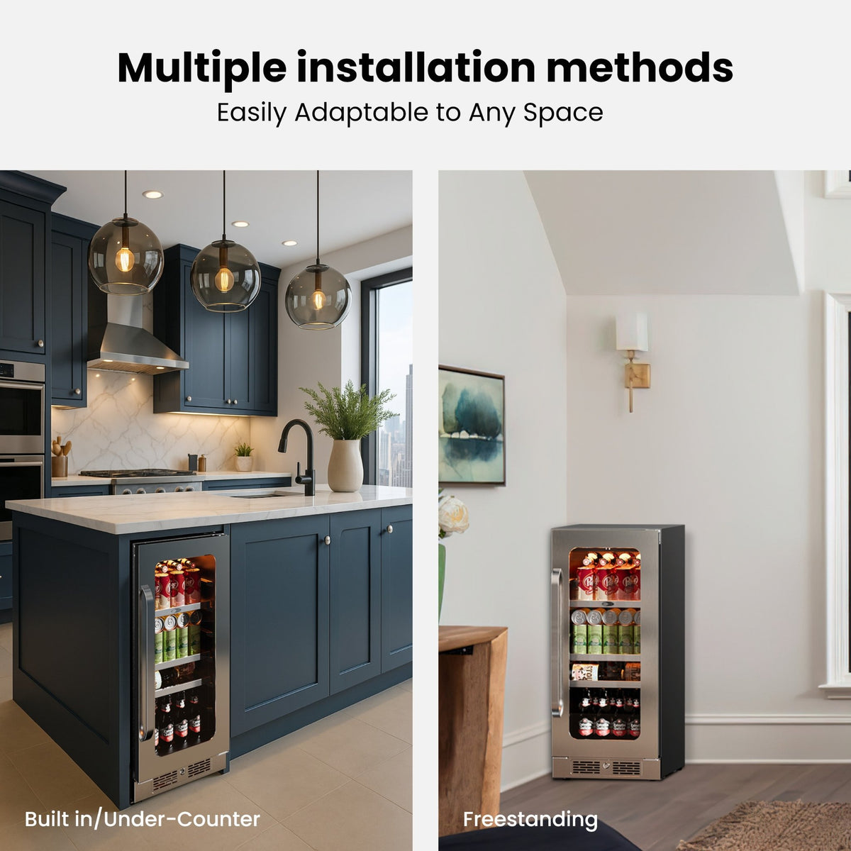 Whynter BSR-080SB shown installed under a kitchen counter and as a freestanding beverage refrigerator