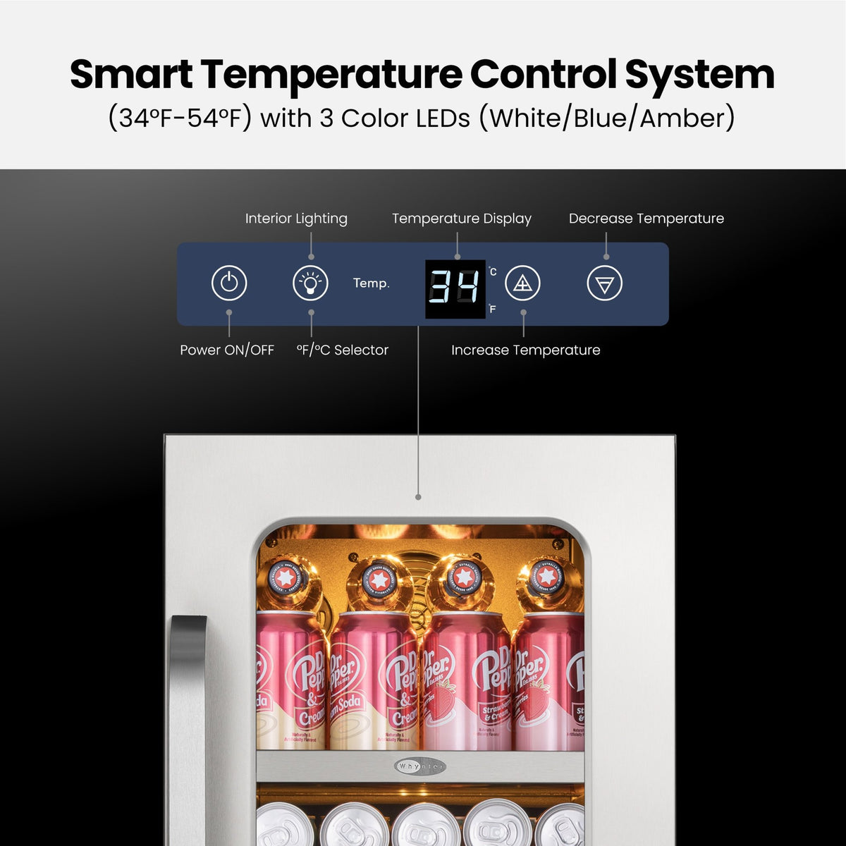 Whynter BSR-080SB touchscreen temperature controls with white, blue, and amber LED lighting options