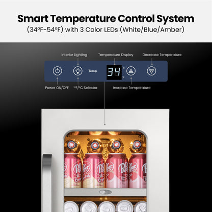 Whynter BSR-080SB touchscreen temperature controls with white, blue, and amber LED lighting options