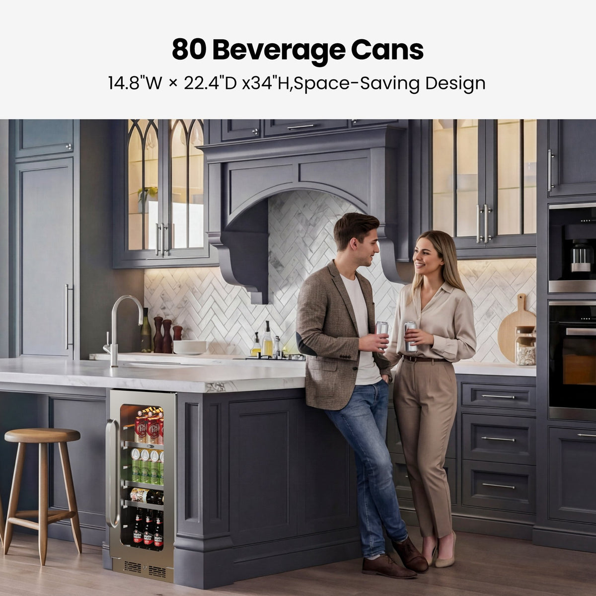 BSR-080SB beverage refrigerator installed beneath a kitchen counter