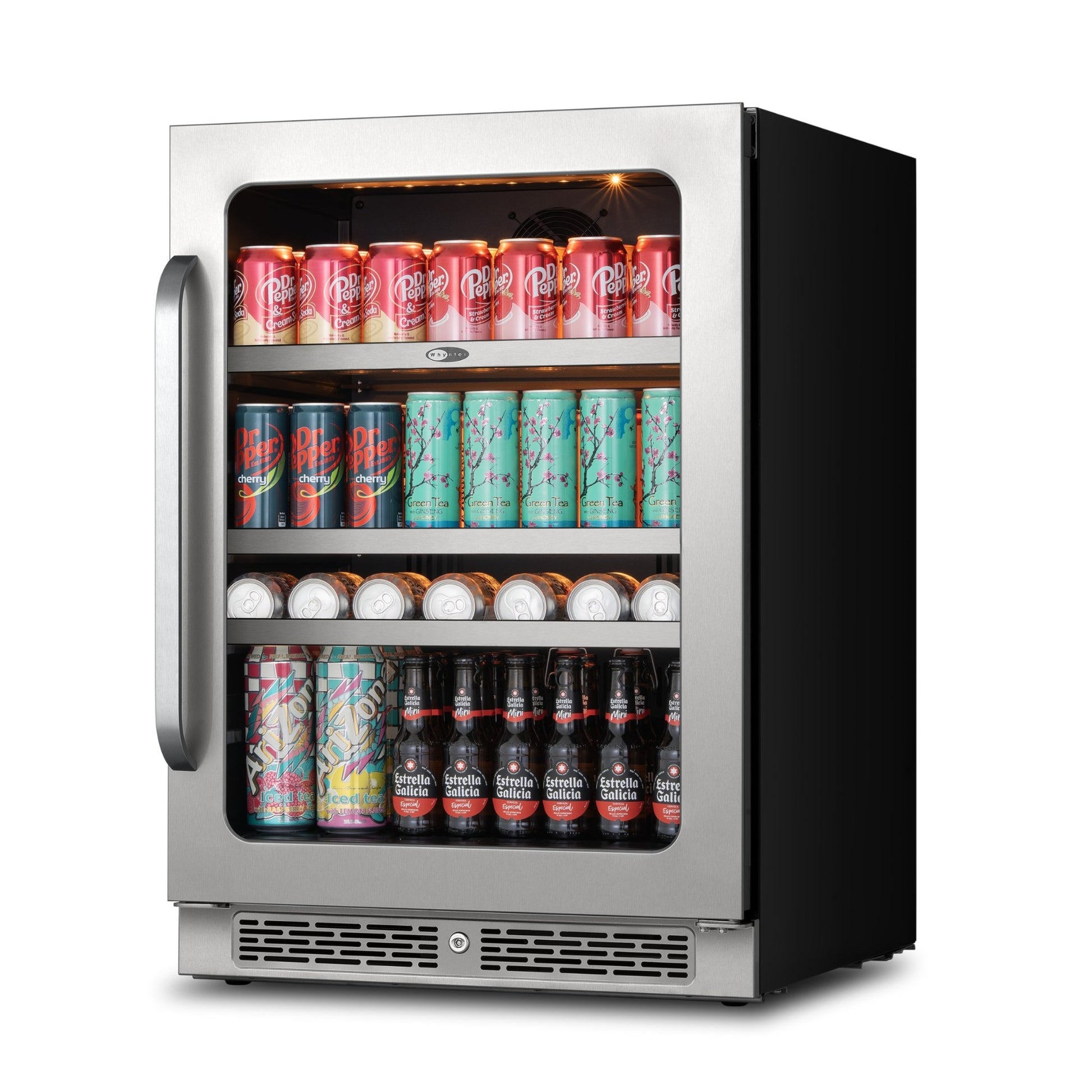 Whynter BSR-140SB beverage refrigerator with stainless steel-trimmed glass door and stocked glass shelves