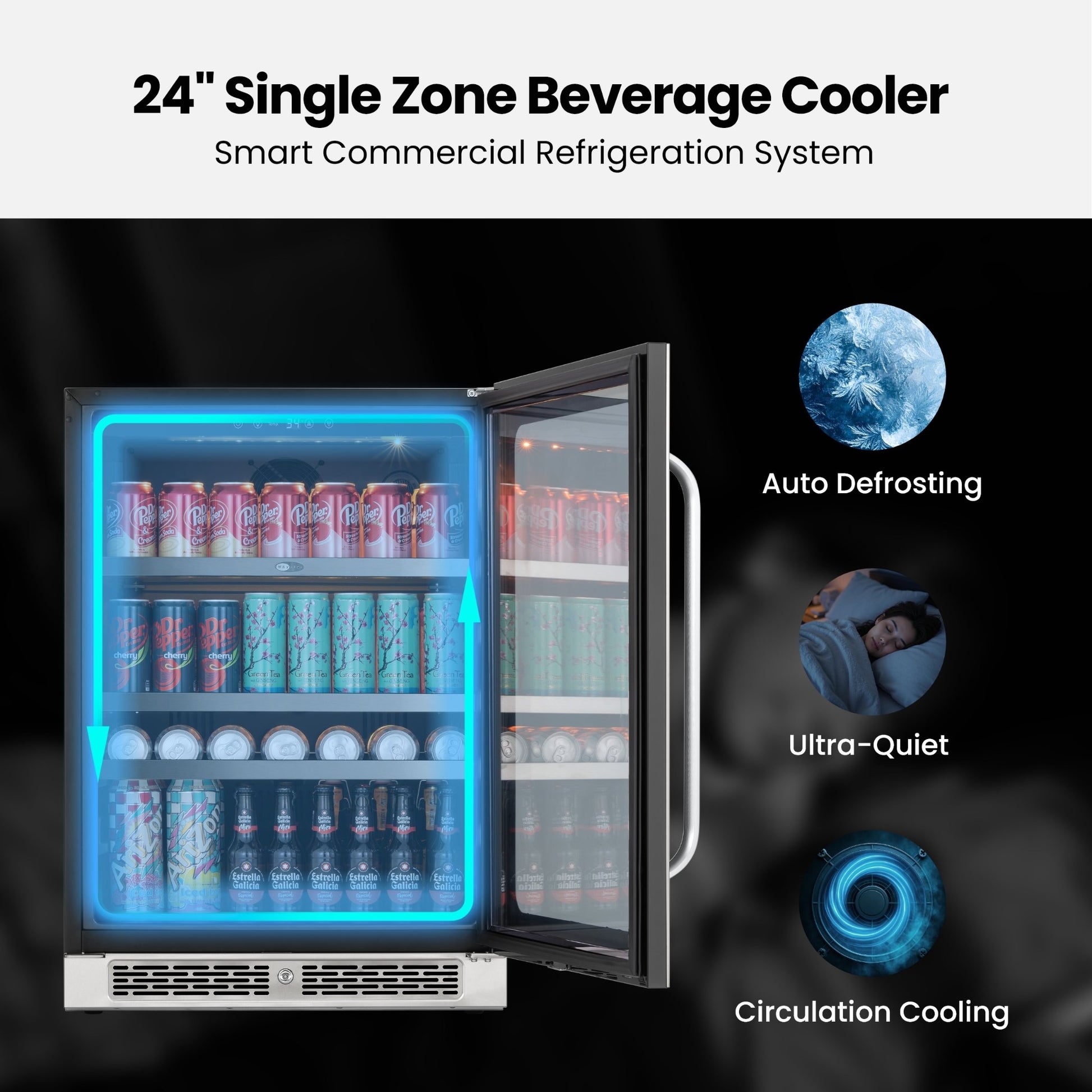 Open Whynter BSR-140SB beverage refrigerator illustrating circulation cooling and automatic defrost