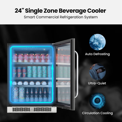 Open Whynter BSR-140SB beverage refrigerator illustrating circulation cooling and automatic defrost