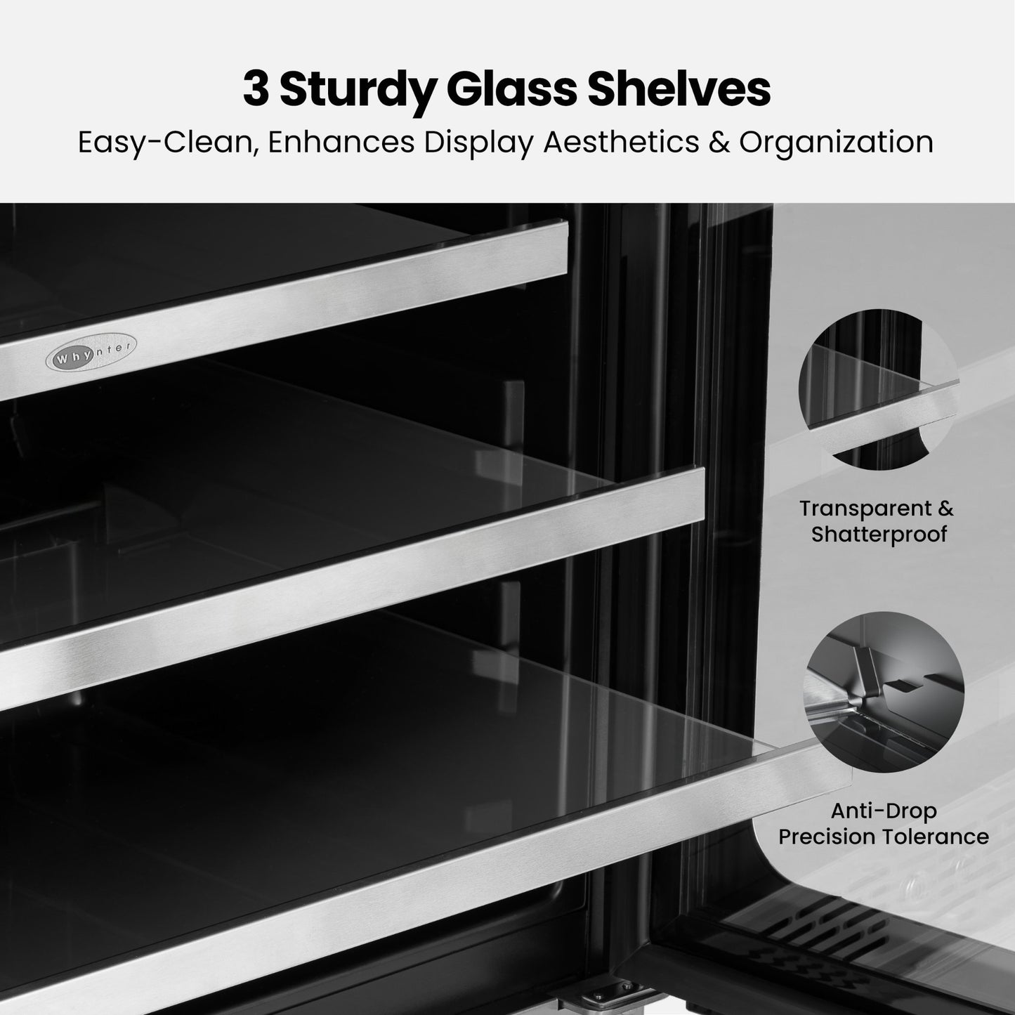 Close-up of three glass shelves inside the Whynter BSR-140SB beverage refrigerator