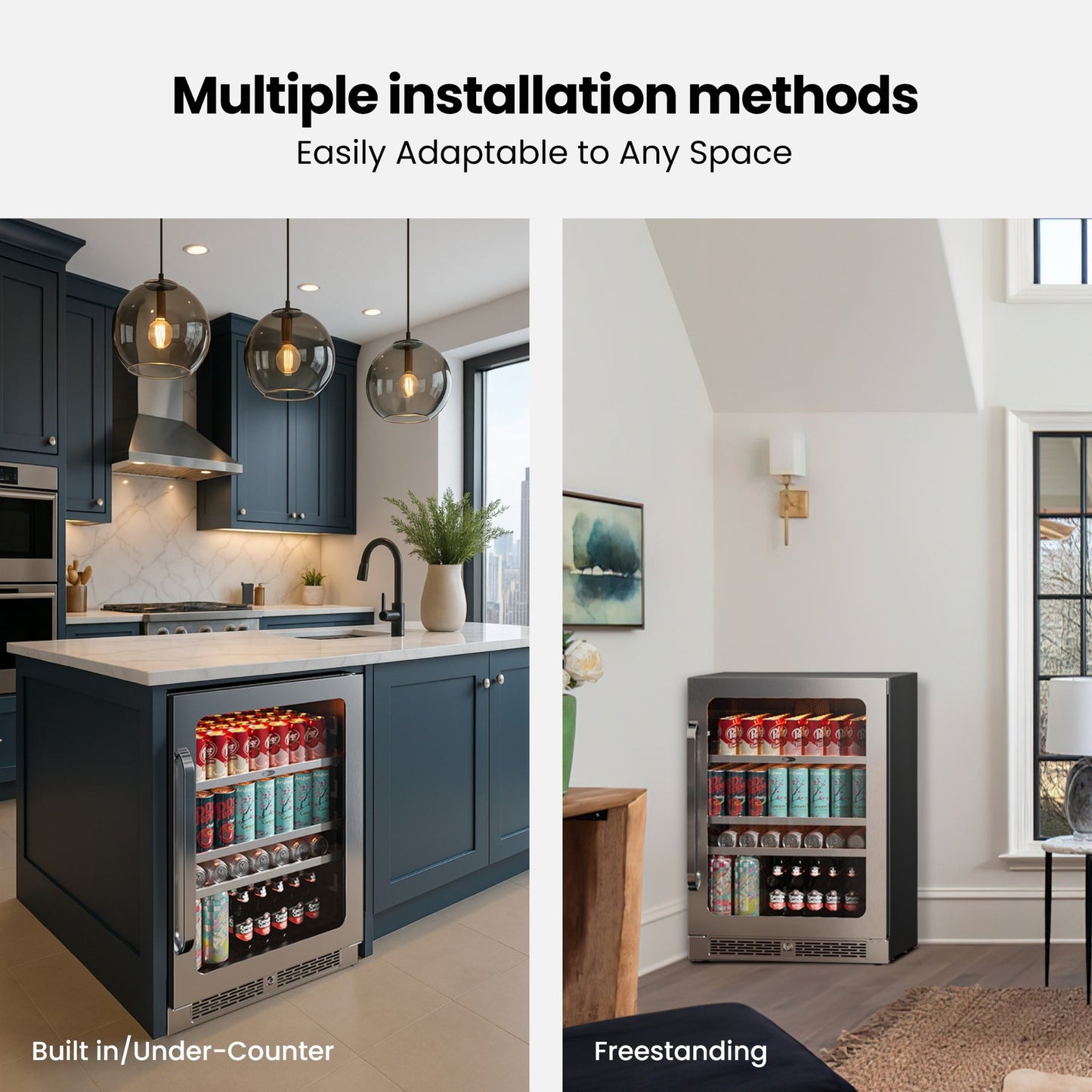 Whynter BSR-140SB shown in built-in undercounter and freestanding installations