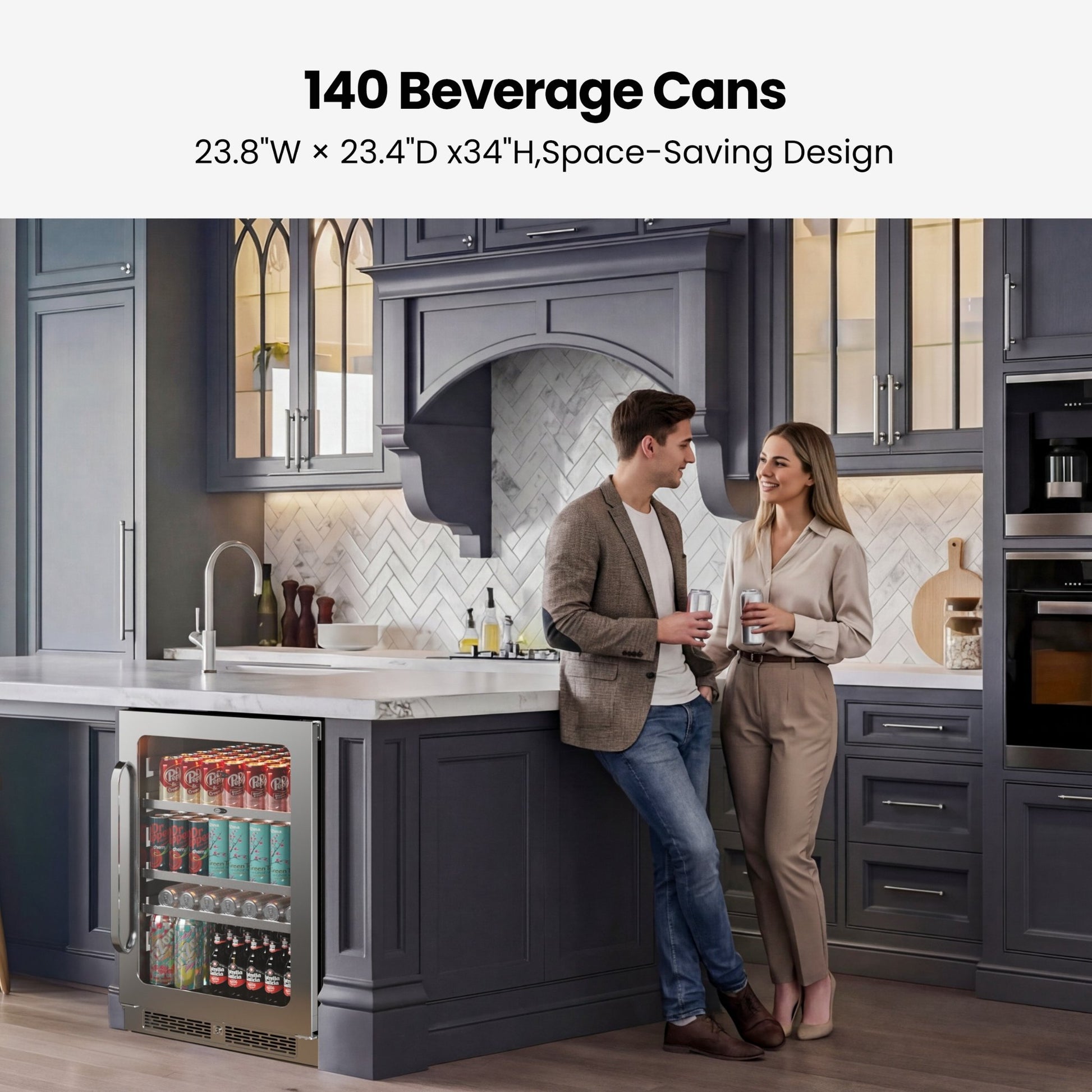 Whynter BSR-140SB beverage refrigerator installed beneath a kitchen counter
