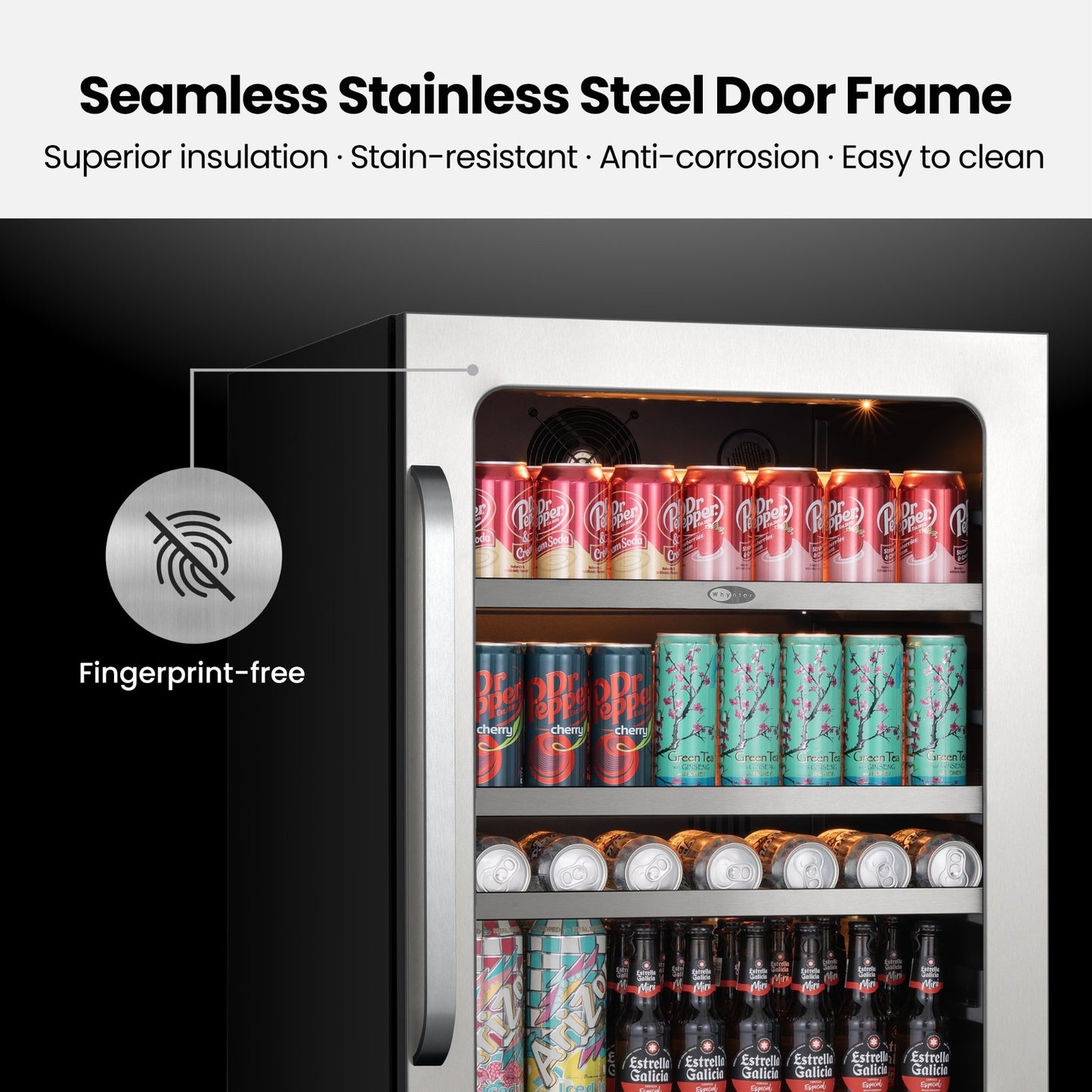 Whynter BSR-140SB seamless stainless steel door frame and glass display door