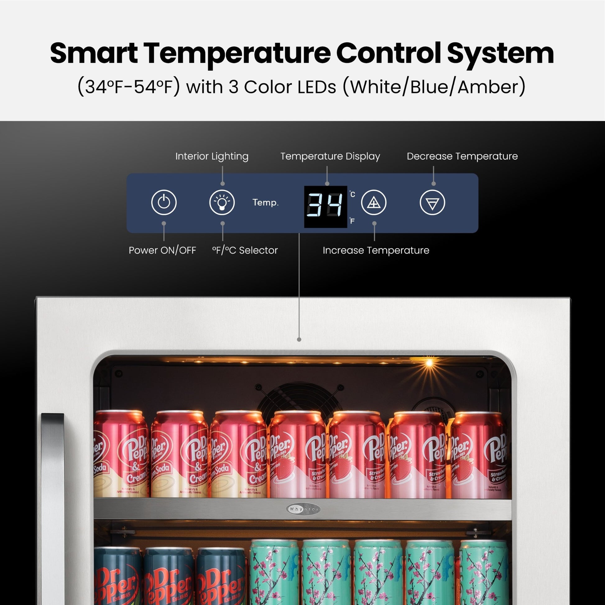 Whynter BSR-140SB digital temperature controls with lighting and Fahrenheit or Celsius settings