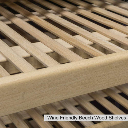 "Close-up of beech wood shelving inside the KingsBottle wine cooler, featuring full-extension shelves that hold Bordeaux and Champagne bottles."