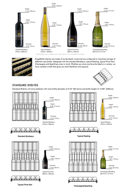  "Diagram of KingsBottle wine cooler bottle configuration, displaying 164 bottle capacity with designated sections for different bottle sizes, including larger bottles like Champagne."