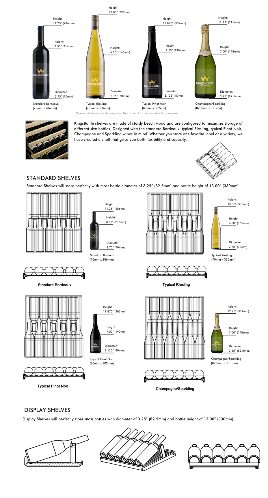 "Bottle configuration illustration displaying the wine cooler's layout, showcasing the storage capacity for 166 wine bottles of varying sizes."