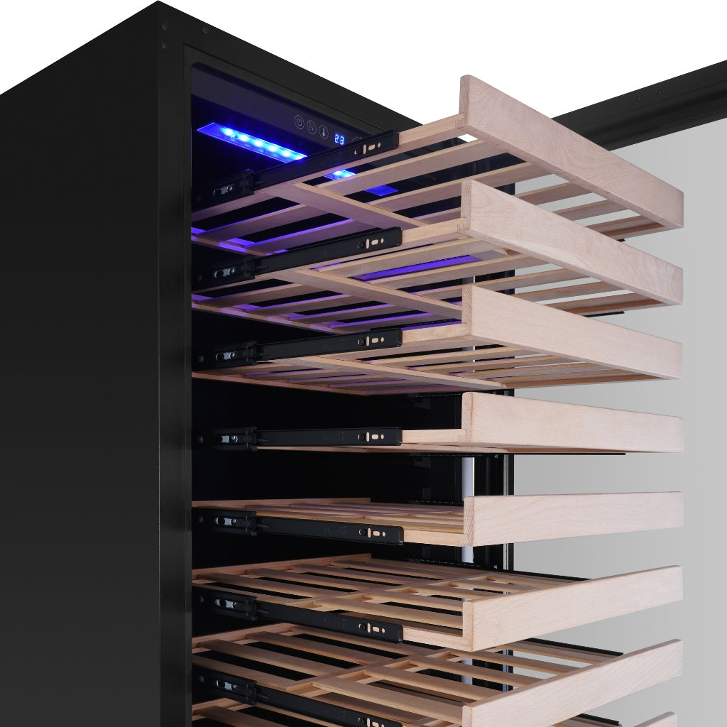 Beech wooden shelves in KingsBottle 159 Bottle Wine Cooler showing storage capacity.